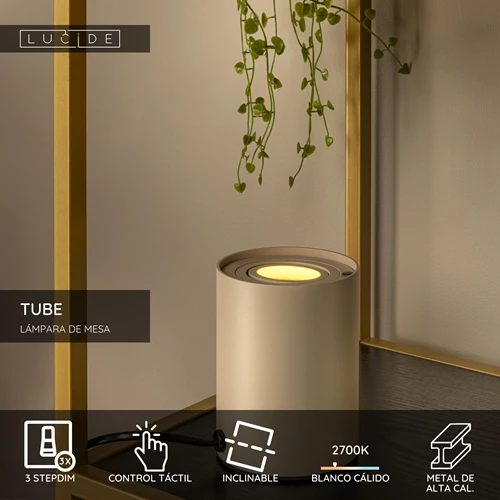 Lucide TUBE - Lámpara de mesa - Ø 9,6 cm - LED 3 StepDim - GU10 - 1x5W 2700K - Taupe - USP